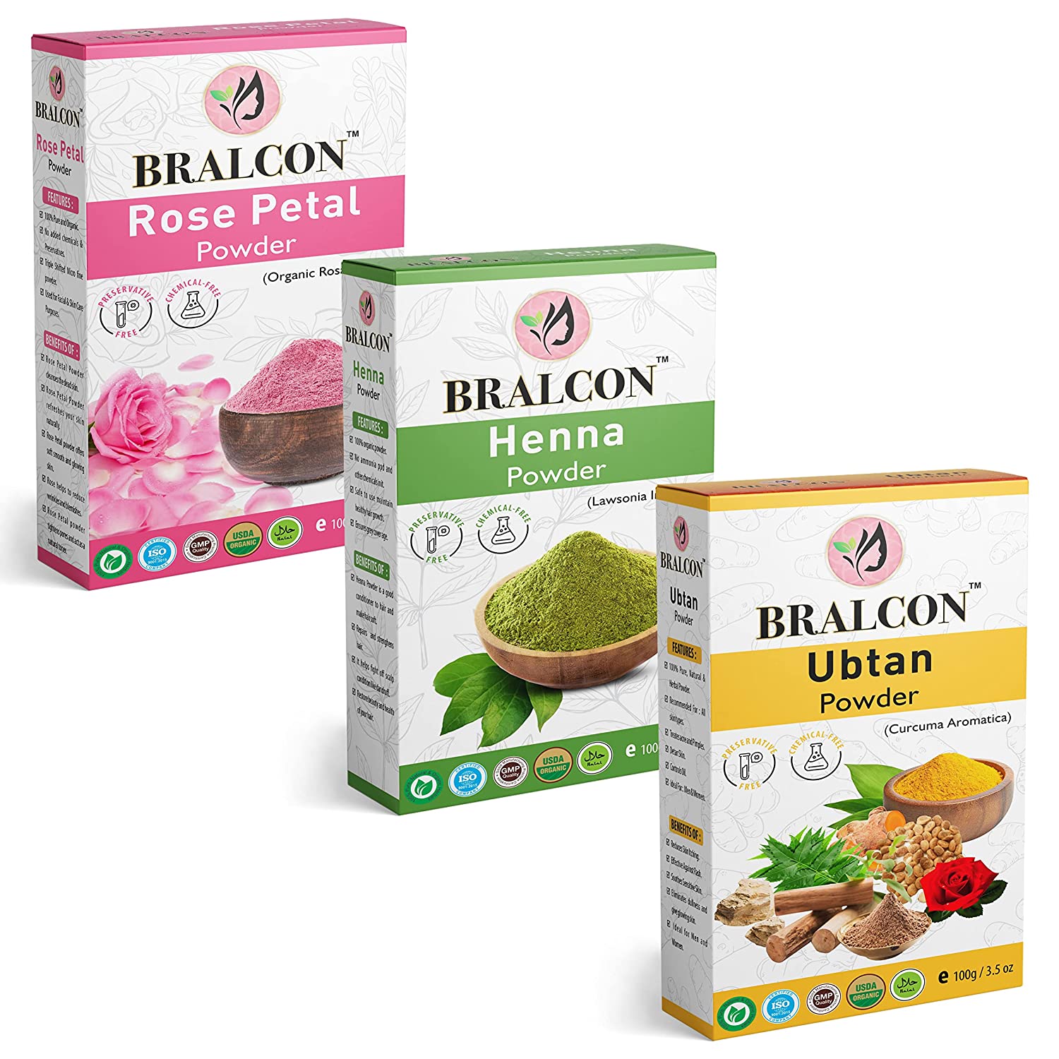 BRALCON Organic Rose Petal Powder, Henna powder, Ubtan Powder  Combo-300g(100g x 3 Pack) - Online Quality Store Official Website