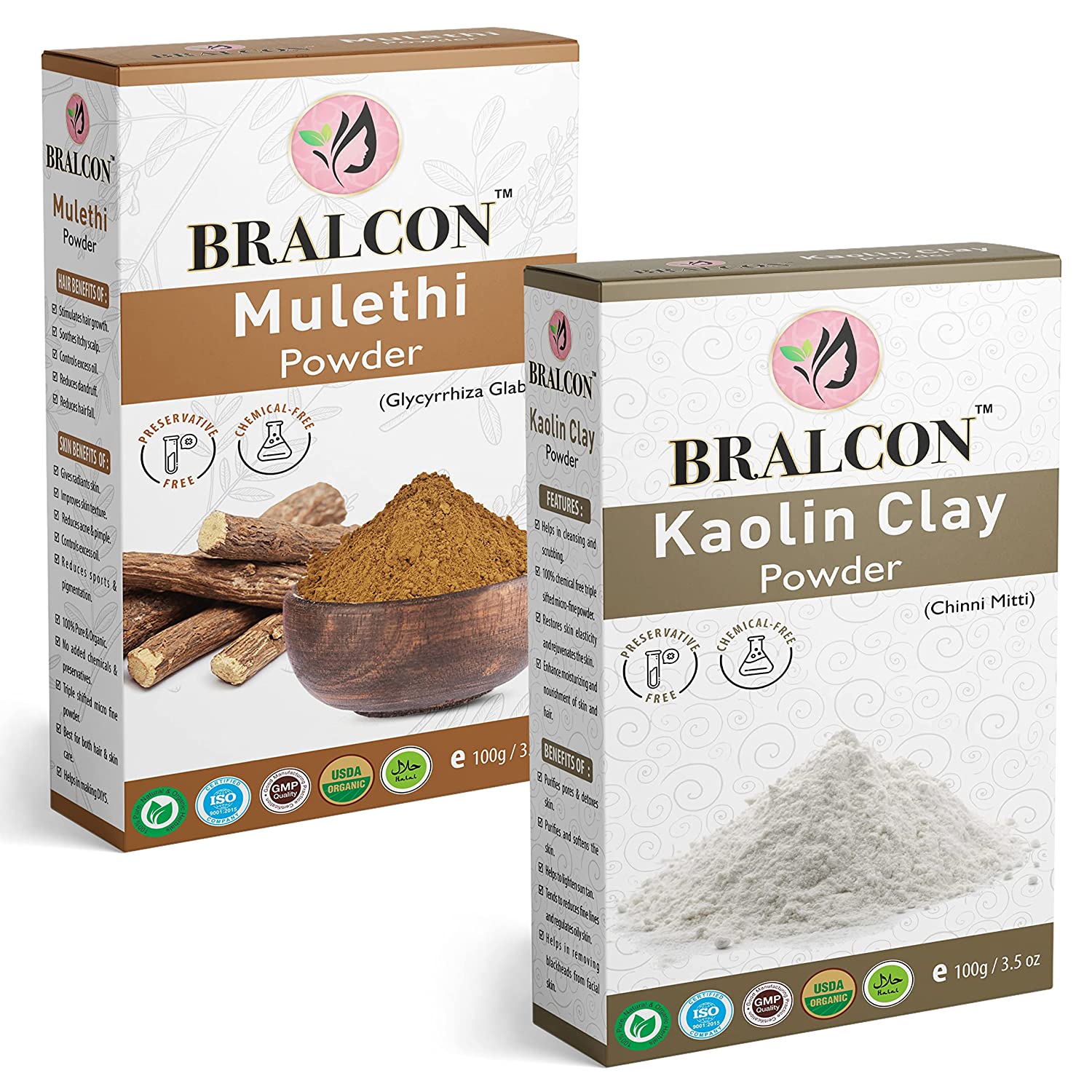 BRALCON Organic Mulethi Powder, Kaolin Clay Powder Combo -200g(100g x 2  Pack) - Online Quality Store Official Website
