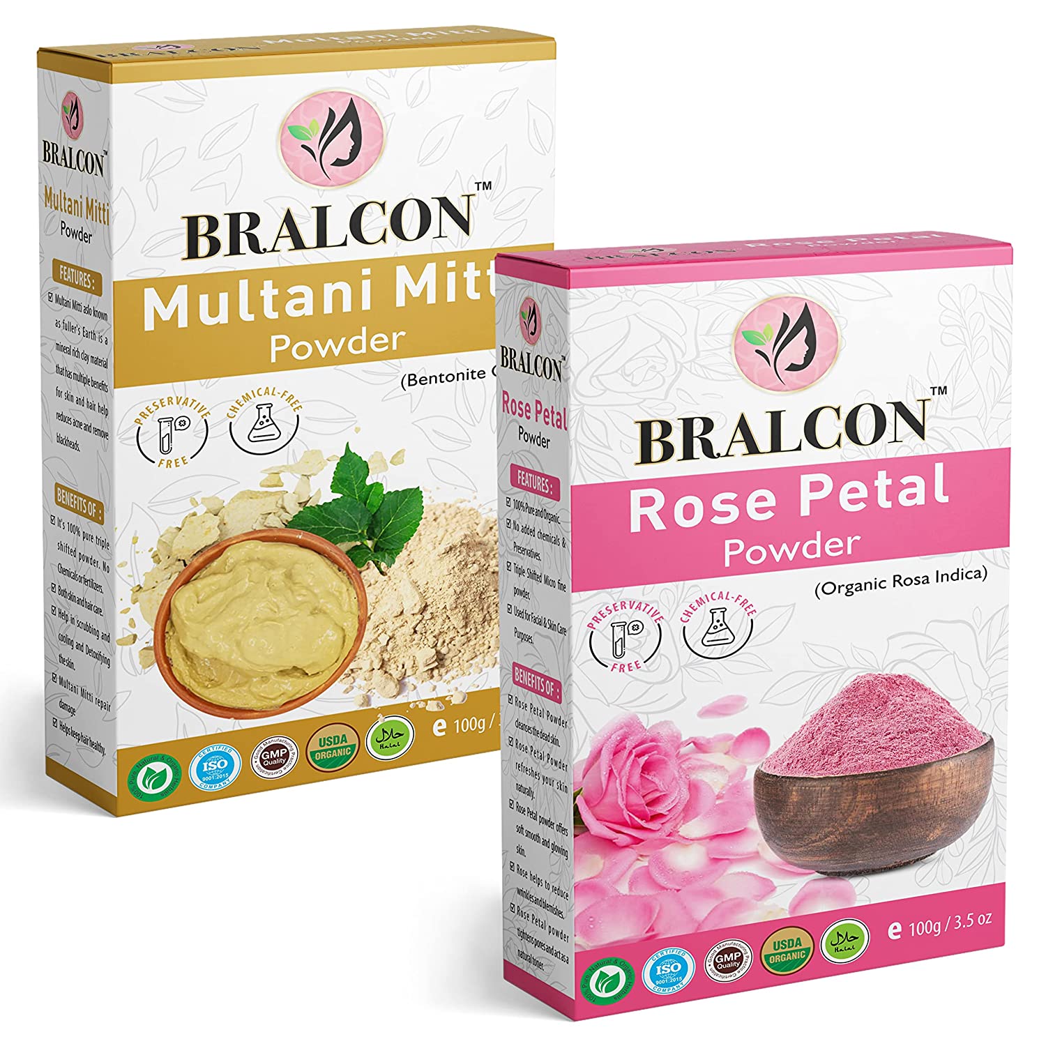 BRALCON Organic Multani Mitti Powder, Rose Petal Powder Combo -200g(100g x  2 Pack) - Online Quality Store Official Website