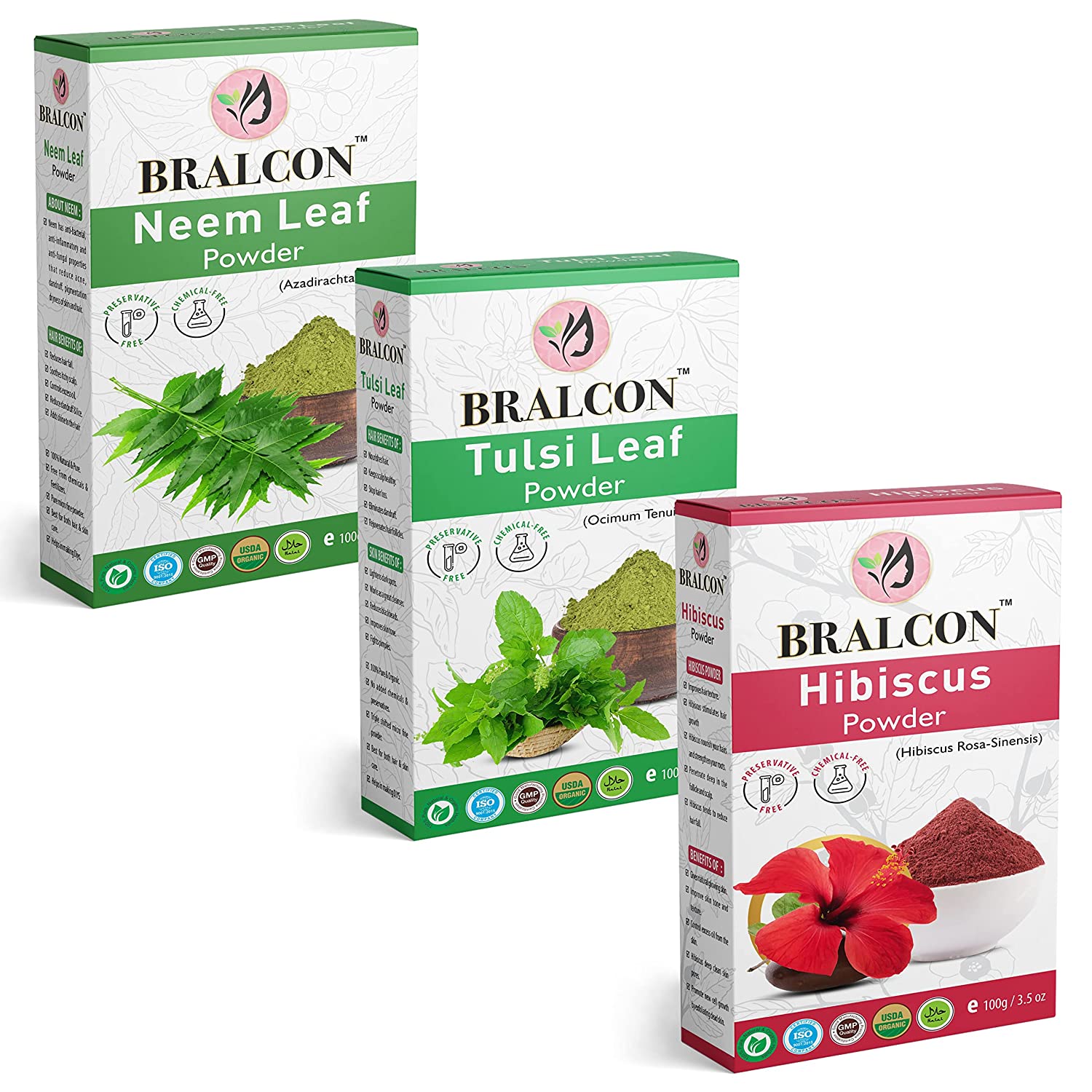 BRALCON Organic Neem, Tulsi, Hibiscus Flower Powder Combo-300g (100g x 3  Pack) - Online Quality Store Official Website