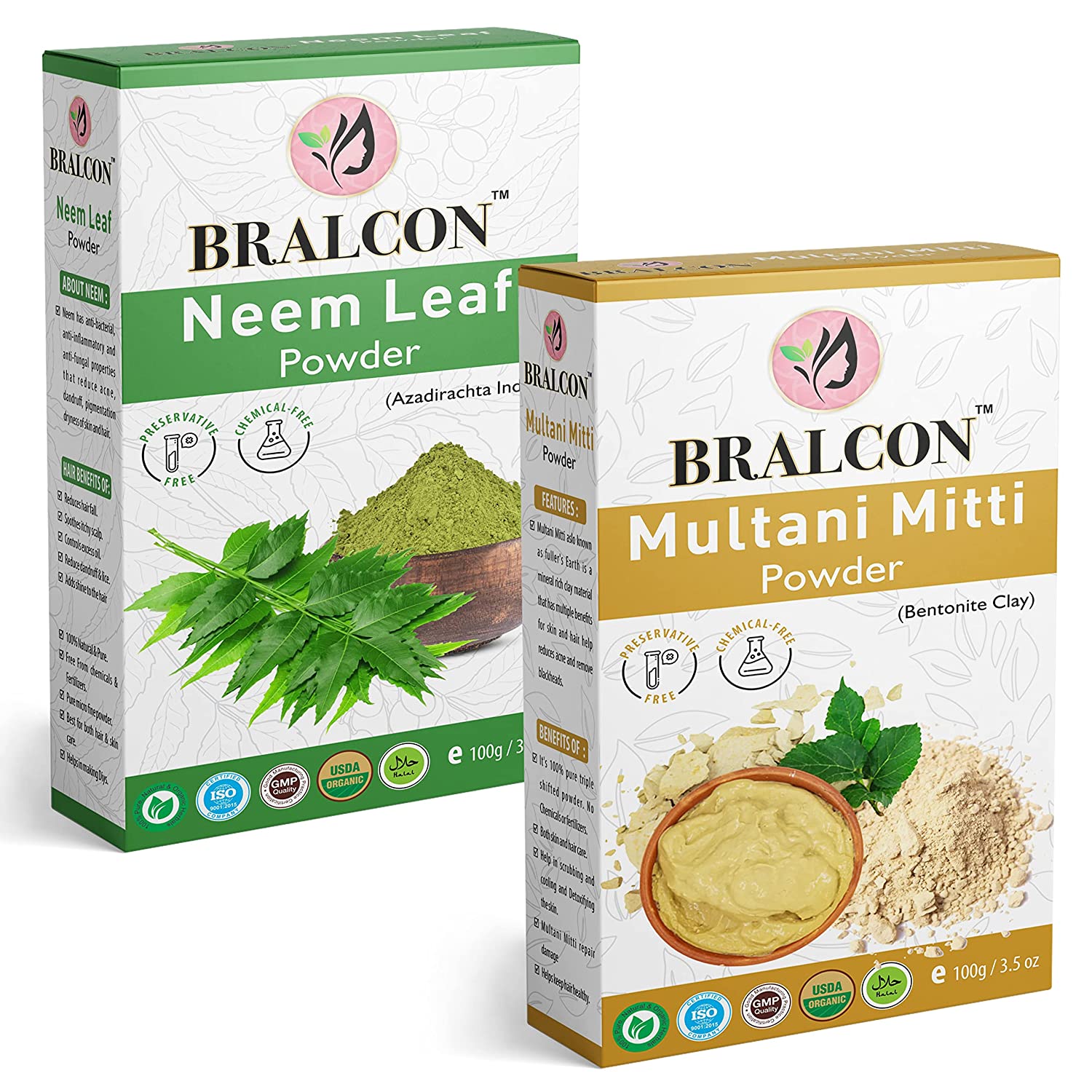 BRALCON Organic Neem Leaf Powder, Multani Mitti Powder Combo-200g(100g x 2  Pack) - Online Quality Store Official Website