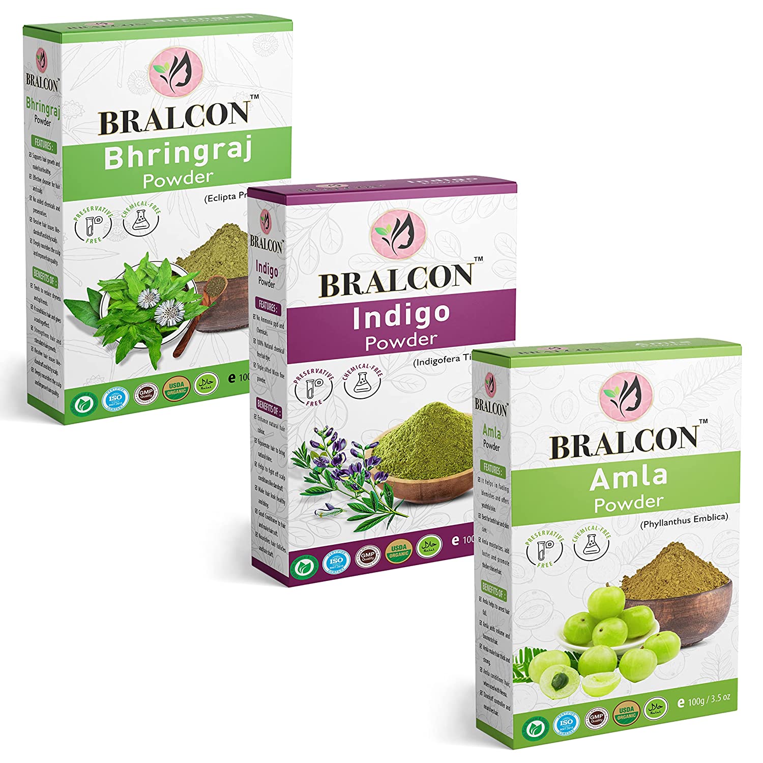 BRALCON Organic Bhringraj, Amla, Indigo Powder Combo -300g (100g x 3 Pack)  - Online Quality Store Official Website